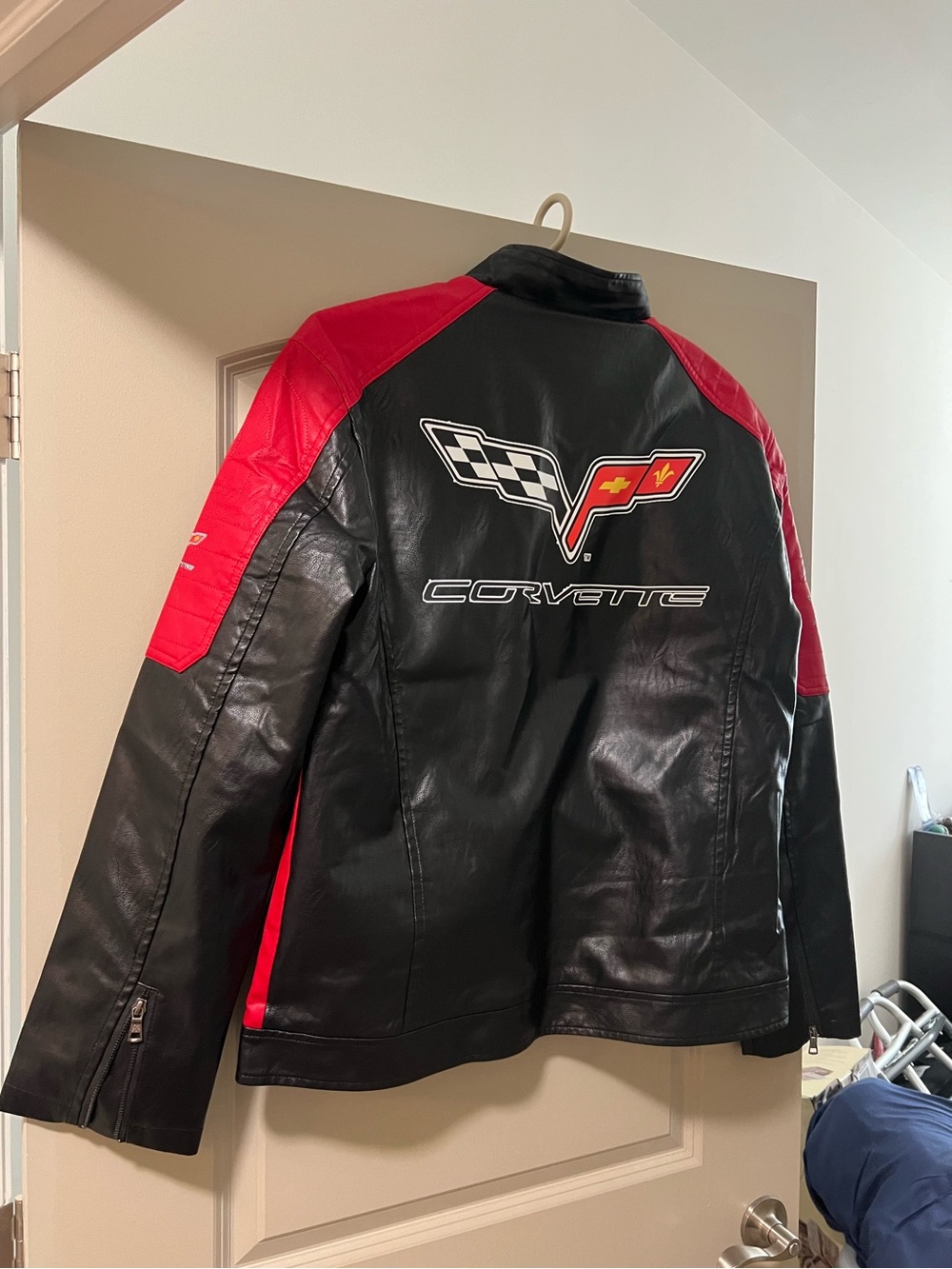 Corvette Black Leather Racing Jacket with Red Accents